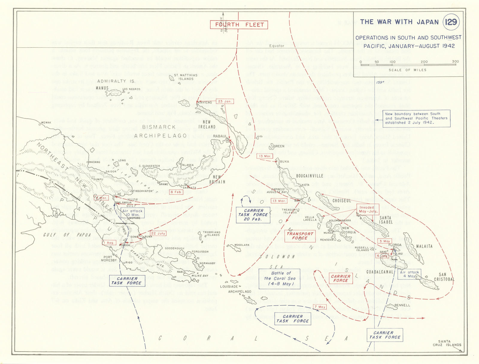 World War 2. Jan-Aug 1942. SW Pacific Ops. New Guinea Solomon Islands 1959 map